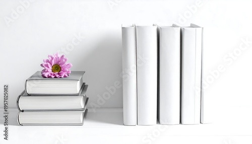 Minimalist Composition of Stacked Books with a Single Flower.