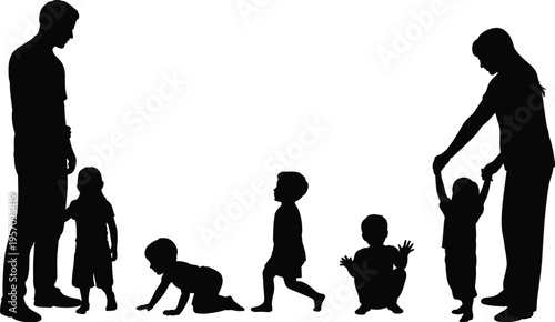Black silhouettes of parents and children showing various stages of growth and family life on white background for vector design.