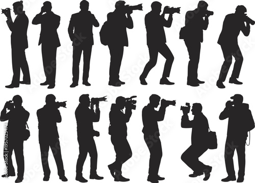 Black silhouettes of professional photographers in various poses holding cameras taking pictures and filming for media journalism and creative arts.