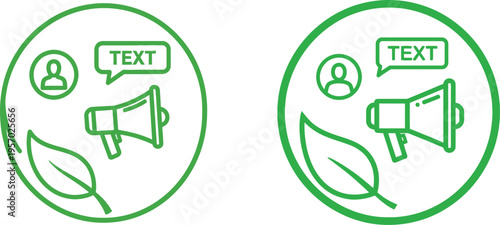 Green icons of megaphones with text and user symbols