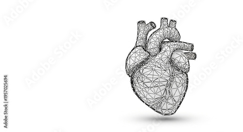 Geometric wireframe heart model with polygonal mesh structure on white background
