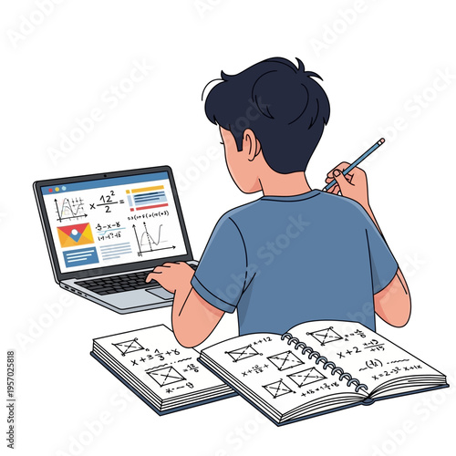 Boy Studying Math Online with Laptop and Notebook, Learning Equations