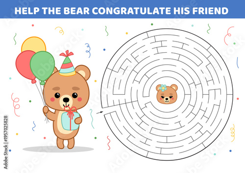 Help the bear congratulate his friend. Round maze. Labyrinth for kids. Cartoon, isolated vector illustration eps 10