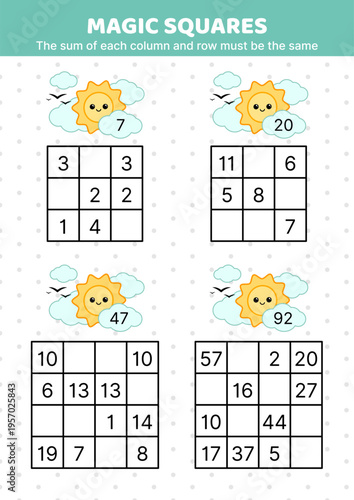 Magic squares. Sun in the sky. Math puzzle game. The sum of each column and row must be the same. Fill in the missing numbers. Educational attention game for kids. Isolated vector illustration eps 10