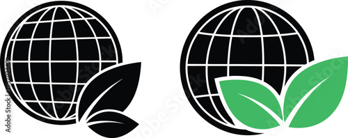 Black and green globe icons with leafy elements