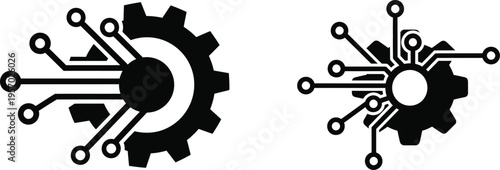 Black and white gear icons with circuit board elements