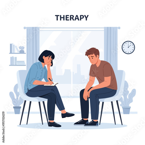 Man in therapy session with counselor discussing mental health issues and feelings