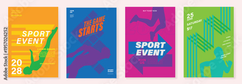 Sport event and fun run poster set vector with bright neon colors, geometric stripes, runner silhouettes, and bold typography. Dynamic advertising design for race promotion, charity events.