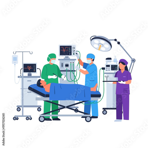 Medical Team Performing Surgery in Operating Room with Modern Equipment