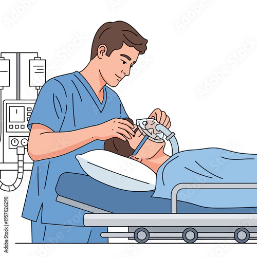 Nurse Adjusting Oxygen Mask on Patient in Hospital Bed