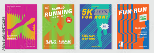 Sport event and fun run poster set vector with bright neon colors, geometric stripes, runner silhouettes, and bold typography. Dynamic advertising design for race promotion, charity events.