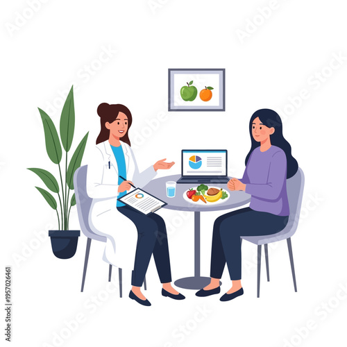 Nutritionist consulting patient about healthy diet, meal plan on table with laptop