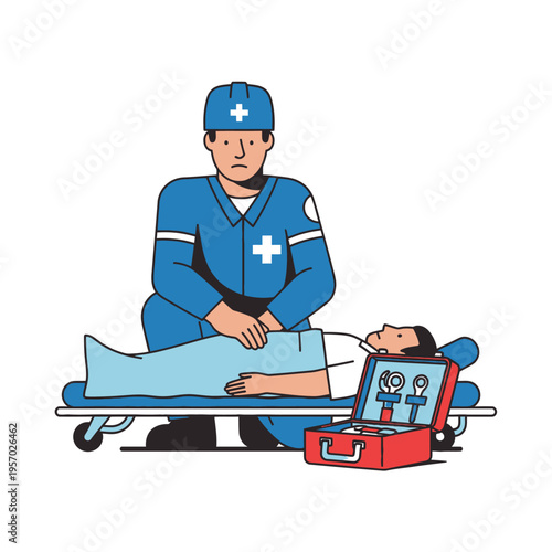 Paramedic assists patient on stretcher with first aid kit nearby