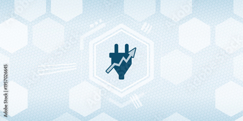 Vector Illustration of Increasing Electricity Costs and Energy Consumption Growth Concept Icon with Power Plug and Upward Arrow on Hexagon