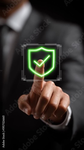 Businessman Touching Glowing Green Shield with Checkmark for Cyber Security, Data Protection, and Verified Safety Concept