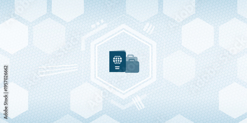 Vector Illustration of Global Business Travel and International Tourism Concept Icon with Passport and Suitcases on Blue Hexagonal Background