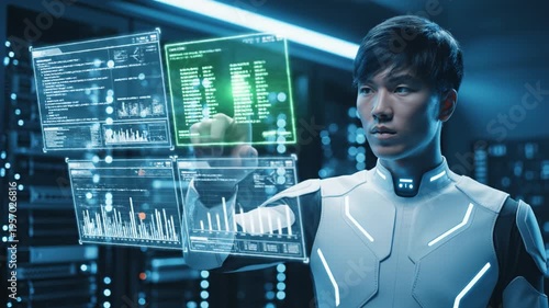Futuristic technology digital interface data analysis cyber security young adult innovation hologram science fiction server room touchscreen advanced computer intelligent professional virtual control