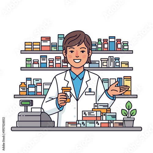 Pharmacist with Medicine Bottles and Rx Boxes in Pharmacy