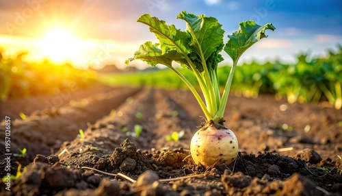 Sugar beet plant growing in a field at sunset.