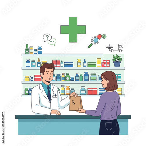 Pharmacist Hands Medicine Bag to Customer in Pharmacy with Shelves of Drugs and Green Cross