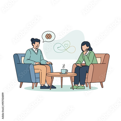 Psychotherapy session: therapist and patient discussing mental health with brain and infinity symbol