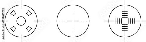 Target sight for sniper, aiming scope design. Hunting gun viewfinder with crosshair. Crosshair gun sight icons set. Bullseye, target or aim symbol. Shooting mark. Military target sign. Game UI.