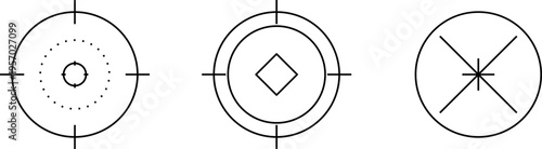 Target sight for sniper, aiming scope design. Hunting gun viewfinder with crosshair. Crosshair gun sight icons set. Bullseye, target or aim symbol. Shooting mark. Military target sign. Game UI.