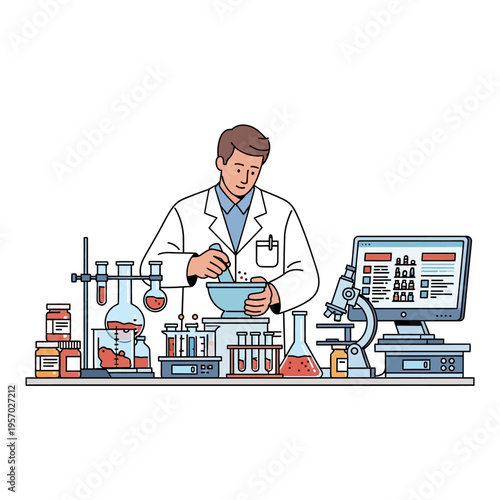 Scientist preparing medication in laboratory with mortar and pestle, microscope, and computer