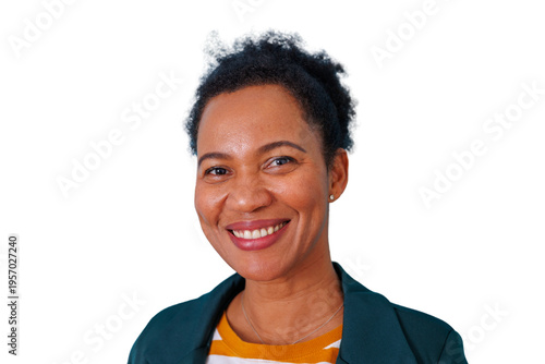 Confident black woman smiling, looking at camera, representing happiness, success, and professional positivity, transparent background