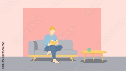 A person relaxing on a comfortable sofa while engrossed in a captivating book, with a small table and coffee cup nearby, creating a peaceful scene of quiet contemplation and leisure