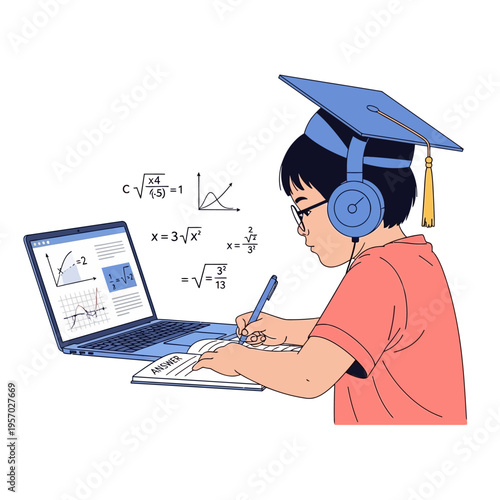 Student Learning Math Online with Laptop and Headphones, Graduation Cap