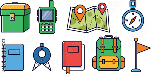 Camping and Navigation Icon Set with Backpack, Map, Compass, Walkie Talkie, Flag, Notebook, Lantern and Outdoor Adventure Equipment Illustration