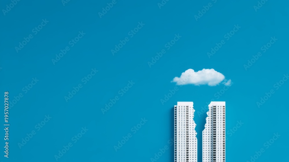 Fototapeta premium Operational Collapse, Organizational Failure, Conceptual Illustration of Broken Infrastructure Featuring Two High-Rise Buildings with a Single Cloud Against a Bright Blue Background,