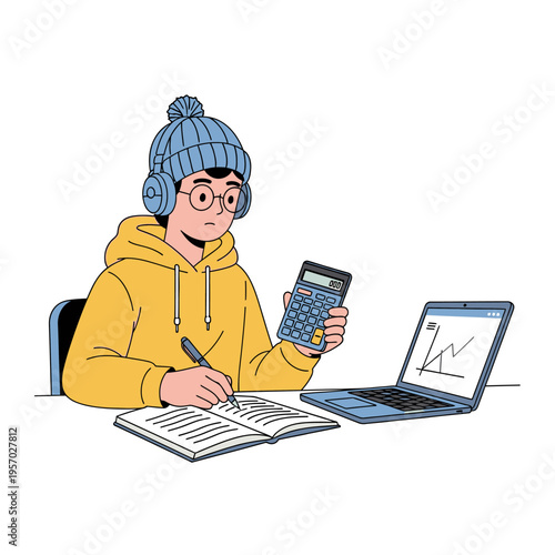 Student wearing headphones and beanie studying math with calculator and laptop