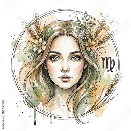 Virgo Zodiac Illustration in Watercolor and Ink Wash Style. Wet-on-Wet Technique. Transparent Background for Sublimation Designs, Clipart and Astrology Branding.
