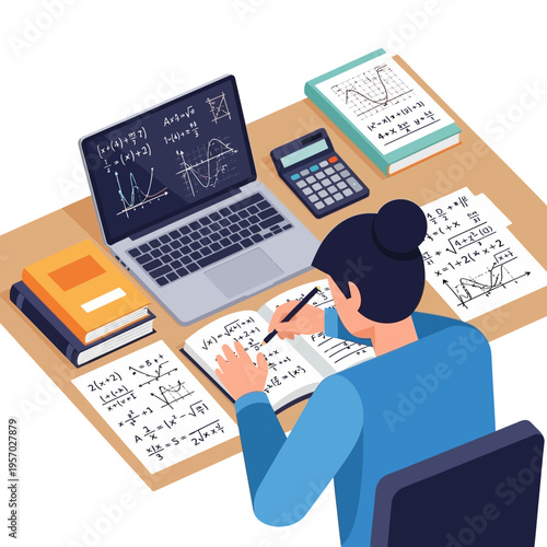 Student Studying Math Equations and Graphs on Laptop and Notebook