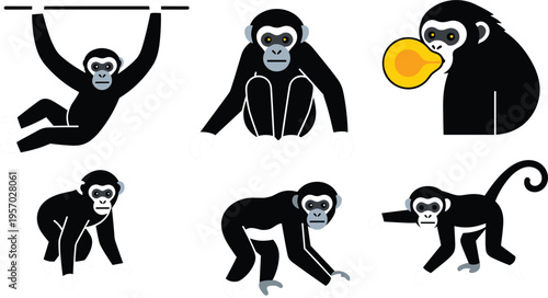 Chimpanzee Monkey Character Set with Different Poses Hanging Sitting Walking and Eating Flat Cartoon Primate Vector Illustration Collection