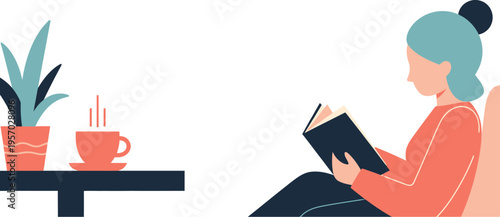 Quiet morning reading with a warm beverage, a woman unwinding in a cozy home setting, enjoying a moment of peace and solitude in a modern flat illustration