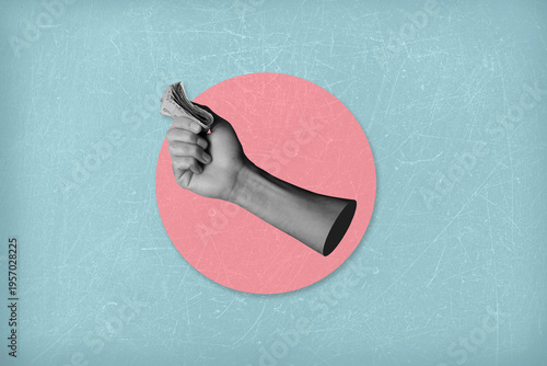 Foto Modern art collage in retro style,, hand holding a stack of money