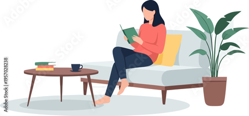 Cozy Living Room Scene A Woman Enjoys a Good Book While Relaxing on a Comfortable Sofa Next to a Coffee Table and a Potted Plant