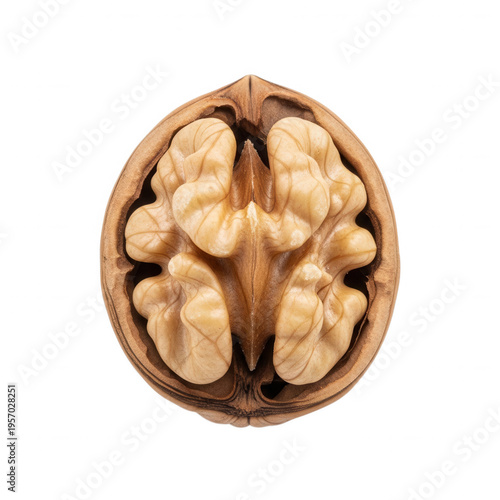 A walnut that has been cut in half to reveal its inner contents isolated on transparent background