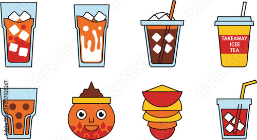 Cold Drinks and Dessert Icon Set with Iced Tea Juice Glasses Sweet Treats and Colorful Beverages Flat Vector Illustration Collection
