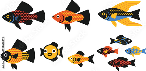 Colorful Tropical Fish Icon Set with Aquarium Species, Exotic Marine Animals, Decorative Patterns and Underwater Wildlife Illustration Collection