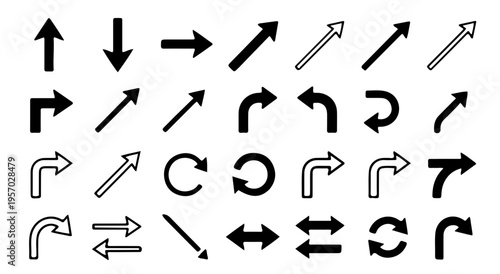A collection of various black and white arrow icons on a transparent background