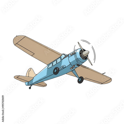 A small blue airplane with a tan wing and propeller isolated on transparent background