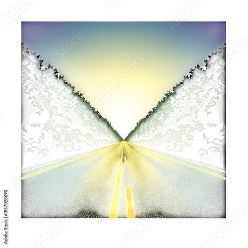 A road with trees on both sides leading to a bright yellow light isolated on transparent background