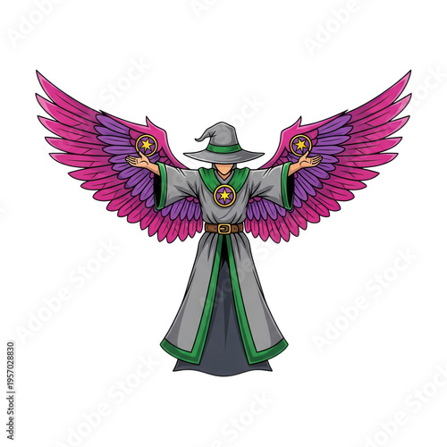 A magical wizard with colorful wings and a star emblem isolated on transparent background