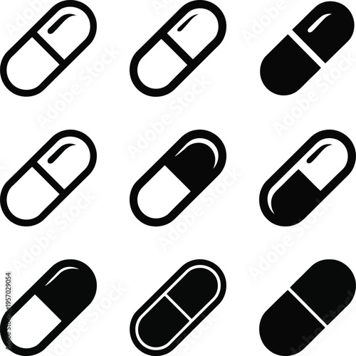 A collection of black and white pills