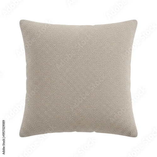 A beige throw pillow with a textured fabric isolated on transparent background