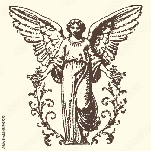 Vintage Angel Illustration with Ornamental Border, Symbol of Peace and Divinity